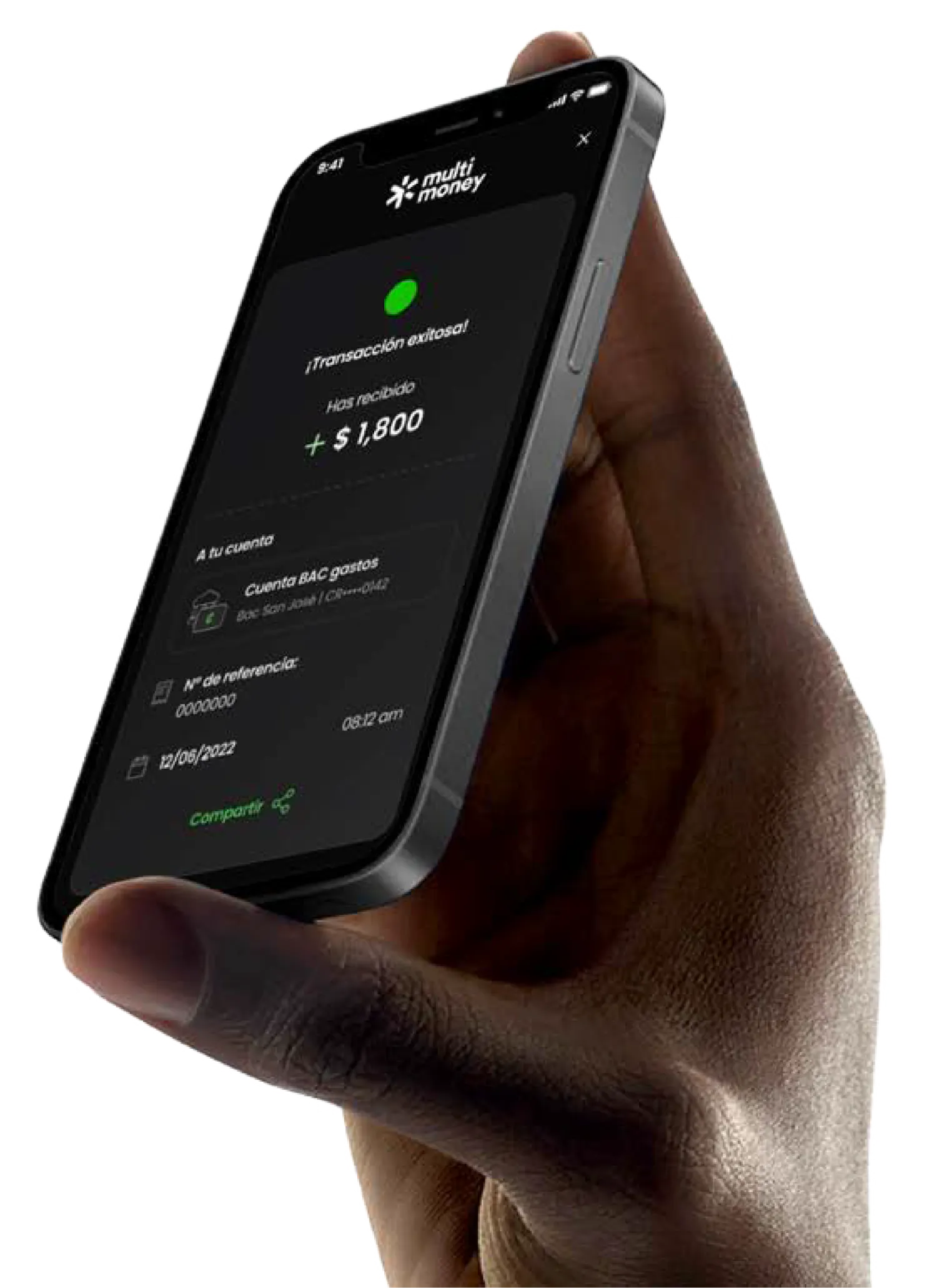 Mano sosteniendo celular con aplicación de MultiMoney