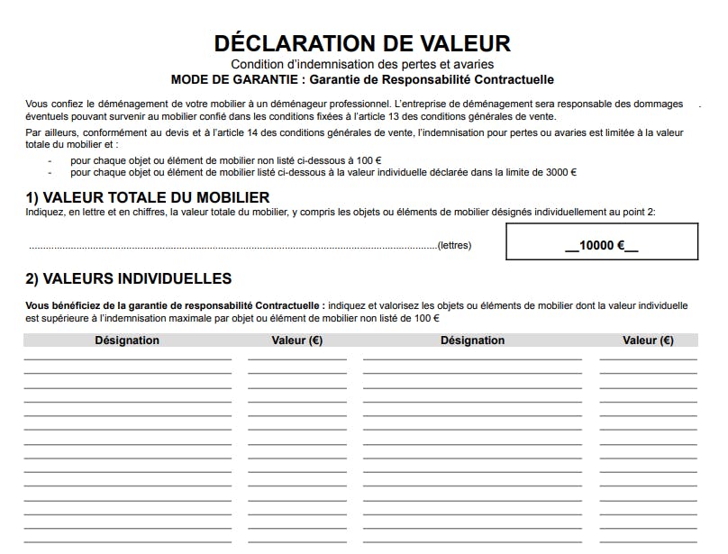 Déclaration de valeur déménagement