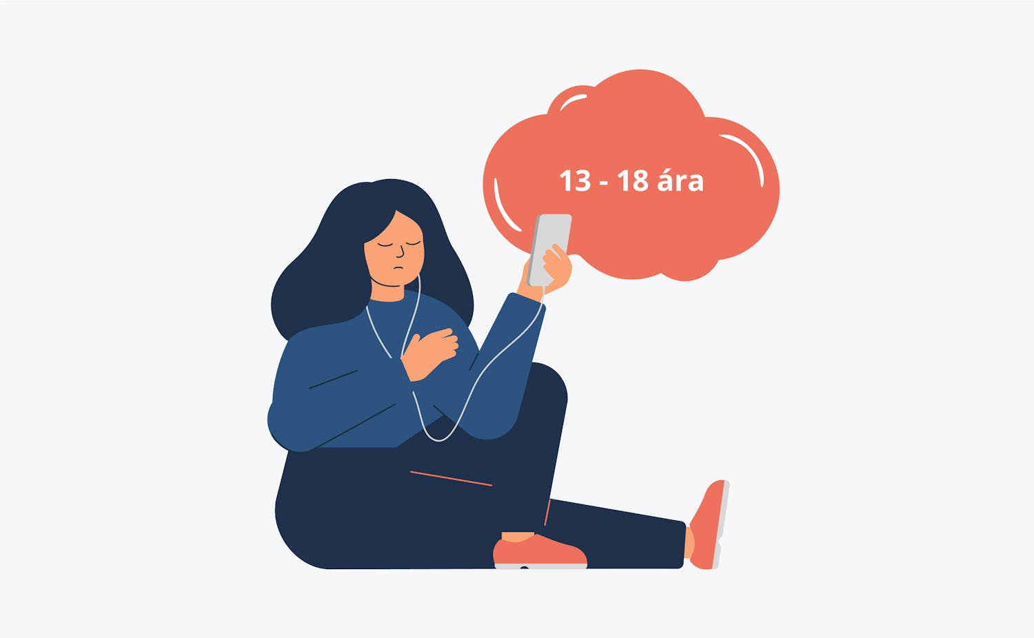 Unglingstelpa situr með snjallsíma og heyrnatól, í loftinu er ský sem stendur á 13 til 18 ára