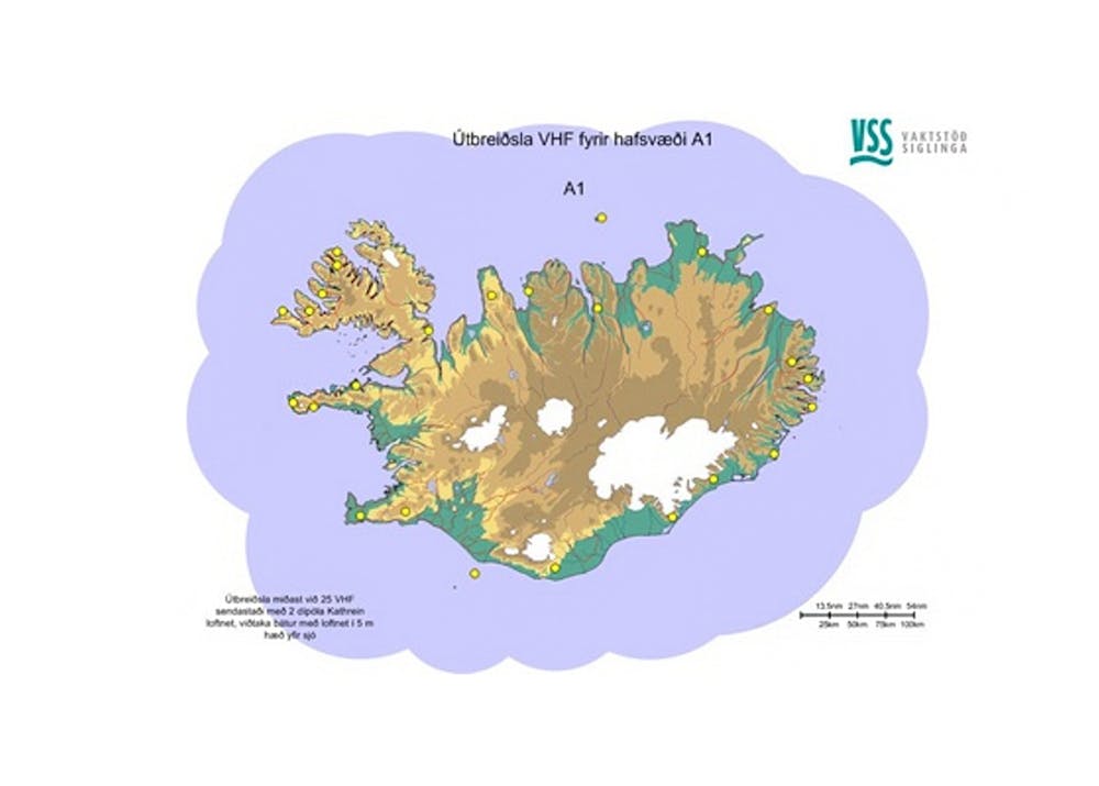 Map showing the location of V H F radio communication signals along Iceland’s coast
