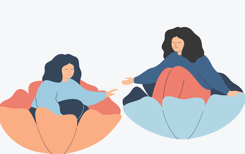 Tvær manneskju í blómakrónu. Önnur er leið. Hin er ánægð. Þær teygja sig í áttina að hvor annarri. Á myndinni lítur út eins og þær muni haldast í hendur mjög fljótlega.