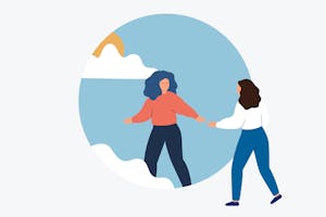 Manneskja leiðir aðra manneskju í gegnum stóra gátt inn í bjartan himinn.