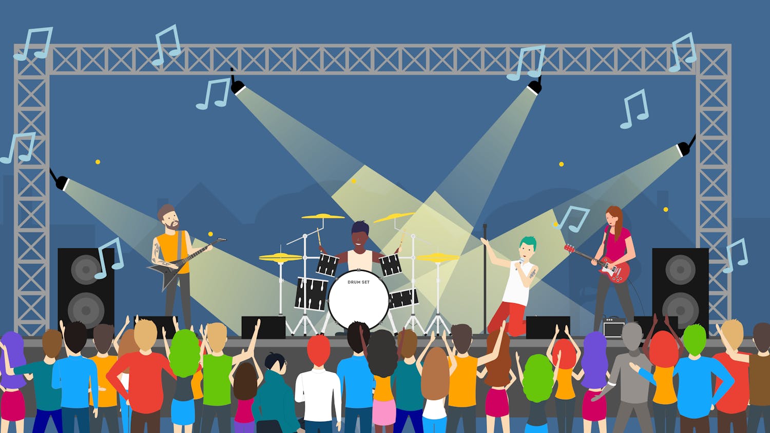 Tónleikar þar sem hljómsveit stendur á sviði og er að spila. Ljóskastarar lýsa upp sviðið. Fyrir framan sviðið stendur hópur af fólki og nýtur tónlistarinnar. Myndin er í lit fyrir utan einn gest sem er greinilega að káfa á gestinum fyrir framan sig. Það er ekki góð skemmtun.