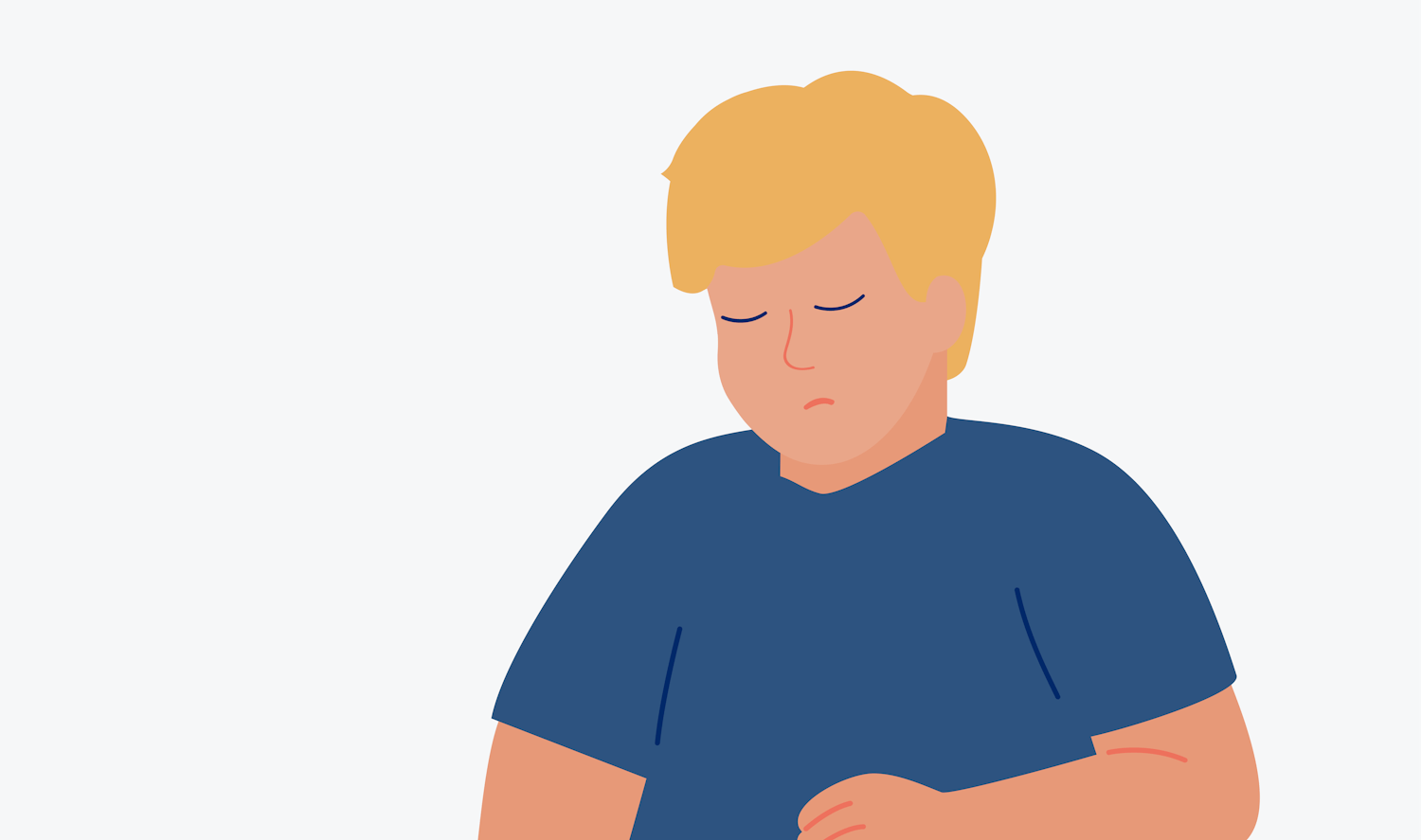 Manneskjan á myndinni er leið. Hún er ljóshærð og klædd í bláan stuttermabol. Hún er með lokuð augun og lítur niður til hægri.