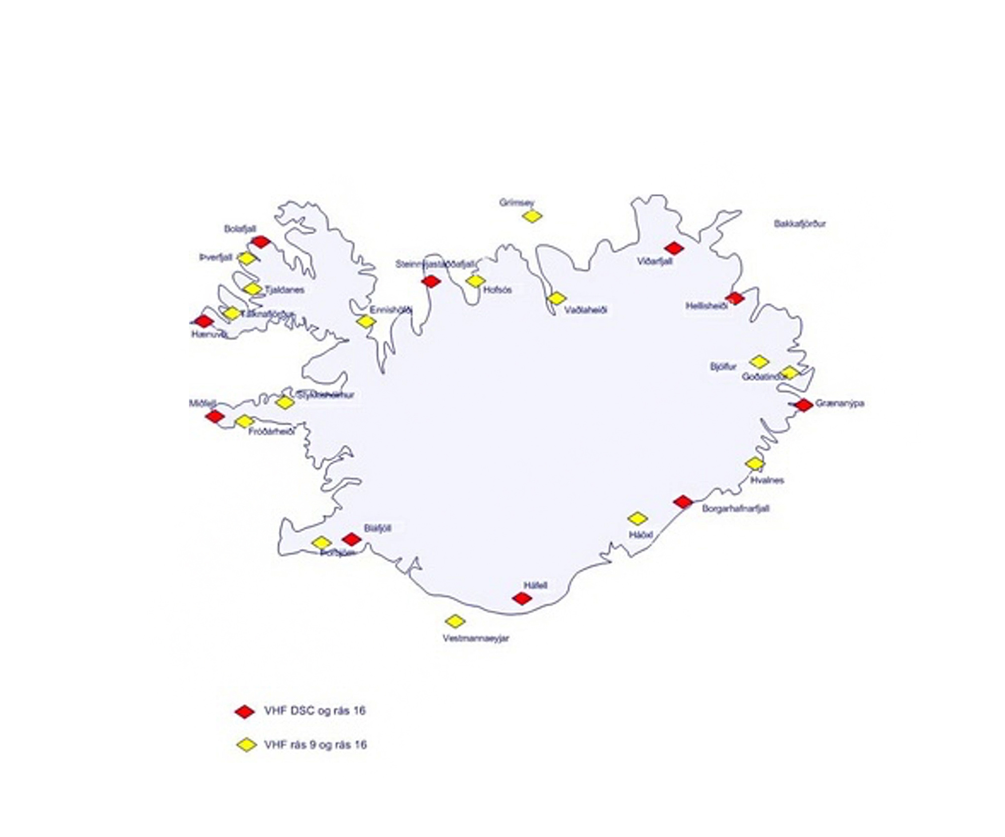 Kort sem sýnir staðsetningu V H F senda við strendur Íslands