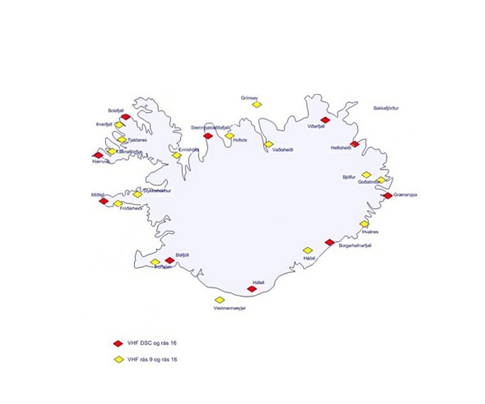 Map showing the location of V H F transmitters along Iceland’s coast