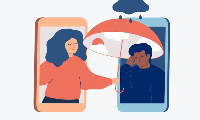 Tveir farsímar þar sem manneskjan í vinstri farsímanum teygir sig yfir til manneskjunnar í hægri farsímanum með regnhlíf. Rigningarský vomar yfir hægri farsímanum og manneskjunni þar sem er leið á svip.