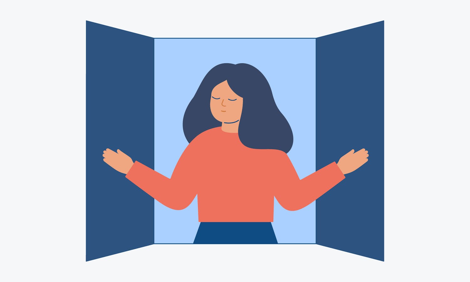 Manneskja stendur við opinn glugga og horfir út. Við horfum á hana utan frá þar sem gluggahlerarnir hafa verið opnaðir út.