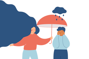 A cloud of rain looms over a person. She has a sad look on her face. Another person holds an umbrella over her head to shield her from the rain.