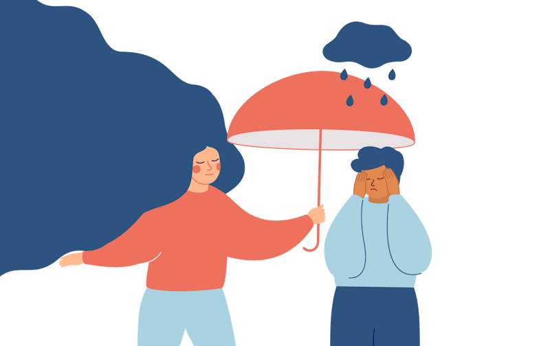 A person holding an umbrella over a person in distress.