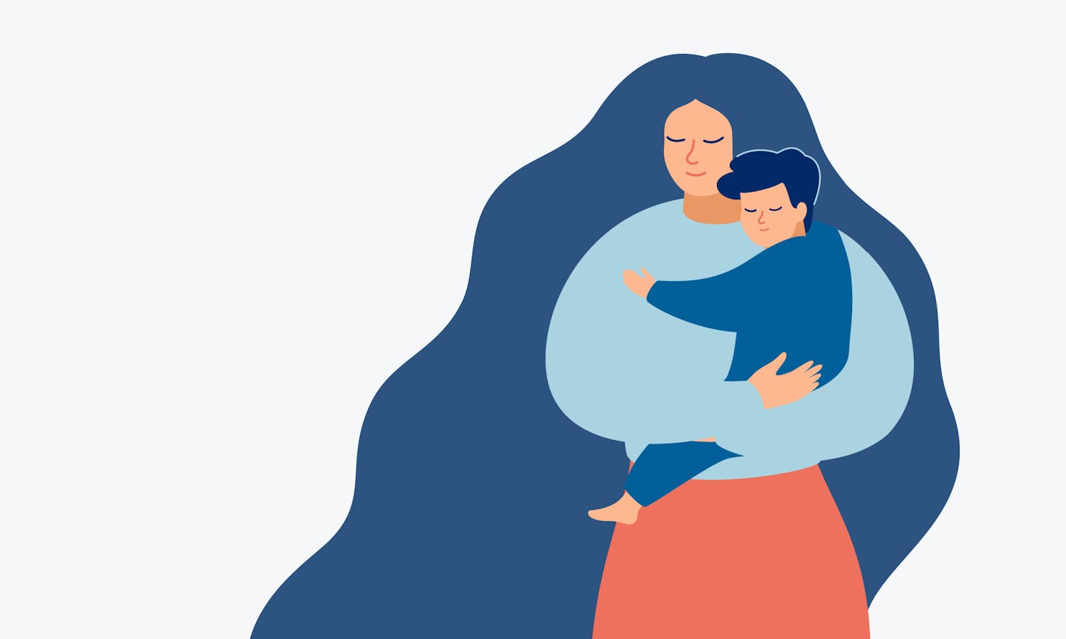 Manneskja með mikið sítt hár heldur á barni í fanginu. Barnið knúsar manneskjuna. Þau eru bæði með lokuð augun.