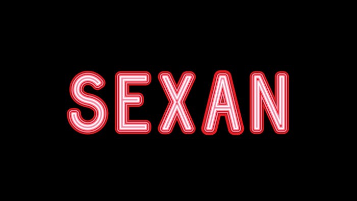 Merki Sexan í bleikrauðum neonlituðum stöfum.