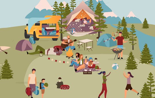 Tjaldstæði á fallegu íslensku sumarkvöldi. Fjöll í baksýn. Fólk er að koma sér fyrir í tjöldum meðan aðrir eru að elda eða borða sitjandi á teppi. Búið er að kveikja upp varðeld og þar situr gítarleikari og syngur. Myndin er í lit nema einn aðili sem liggur í hengirúmi með öðrum hálf falinn. Er allt í góðu hjá þeim?