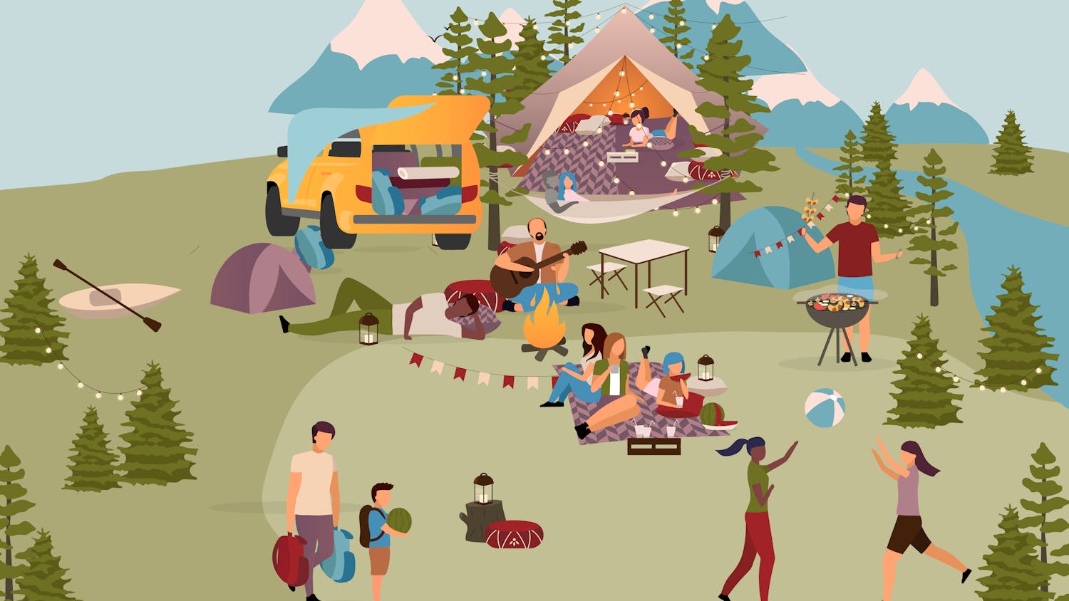 Tjaldstæði á fallegu íslensku sumarkvöldi. Fjöll í baksýn. Fólk er að koma sér fyrir í tjöldum meðan aðrir eru að elda eða borða sitjandi á teppi. Búið er að kveikja upp varðeld og þar situr gítarleikari og syngur. Myndin er í lit nema einn aðili sem liggur í hengirúmi með öðrum hálf falinn. Er allt í góðu hjá þeim?