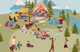 Tjaldstæði á fallegu íslensku sumarkvöldi. Fjöll í baksýn. Fólk er að koma sér fyrir í tjöldum meðan aðrir eru að elda eða borða sitjandi á teppi. Búið er að kveikja upp varðeld og þar situr gítarleikari og syngur. Myndin er í lit nema einn aðili sem liggur í hengirúmi með öðrum hálf falinn. Er allt í góðu hjá þeim?