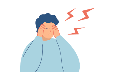 Manneskja styður höndum á gagnaugun. Henni líður greinilega illa. Eldingar eru teiknaðar hjá höfðinu.