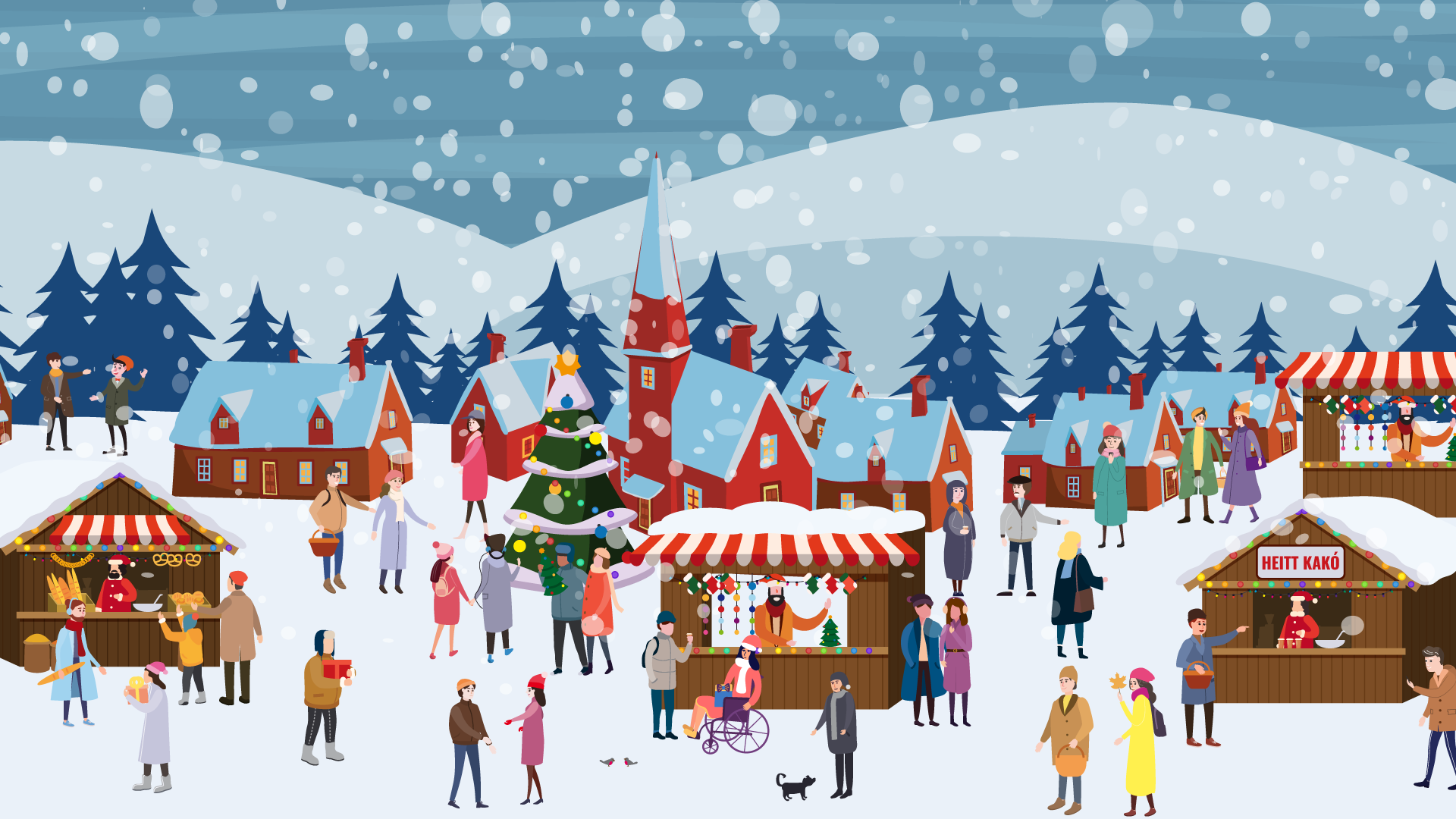 Jólaþorpið er tilbúið fyrir hátíðarnar og þar er mikið af fólki sem er versla og kaupa sér heitt kakó í snjókomunni. 