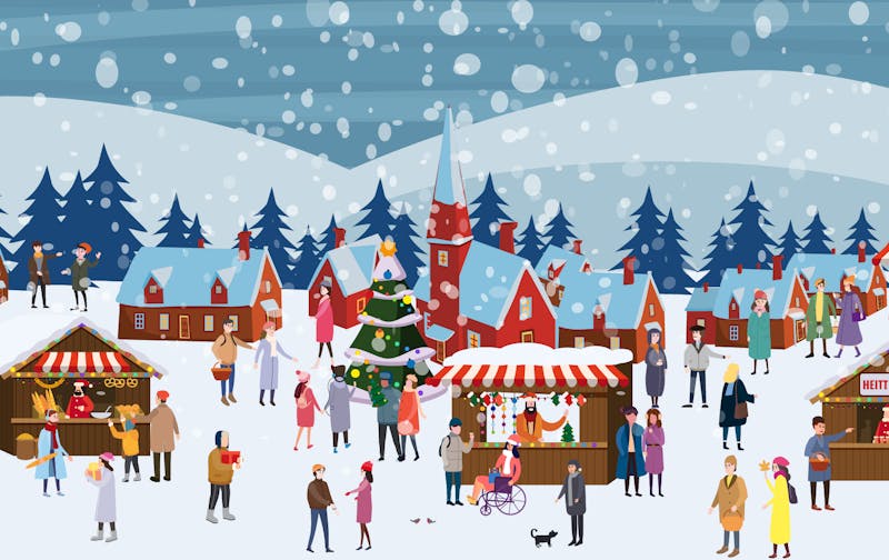 Jólaþorpið er tilbúið fyrir hátíðarnar og þar er mikið af fólki sem er versla og kaupa sér heitt kakó í snjókomunni.