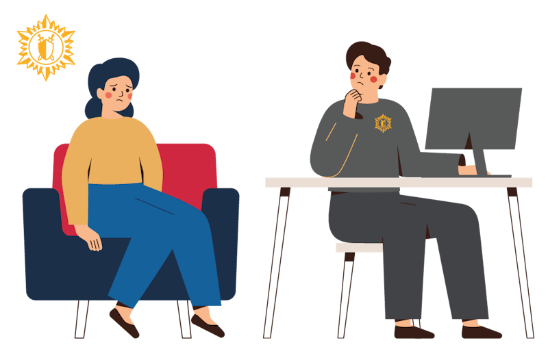 Manneskja talar við lögregluþjón.