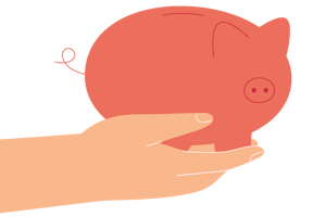 A hand holds out a piggybank.