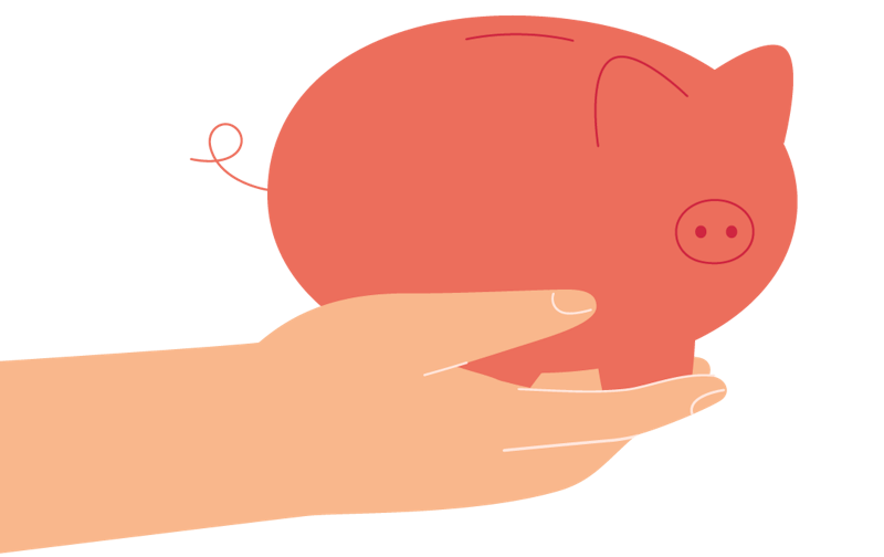 A hand holds out a piggybank.