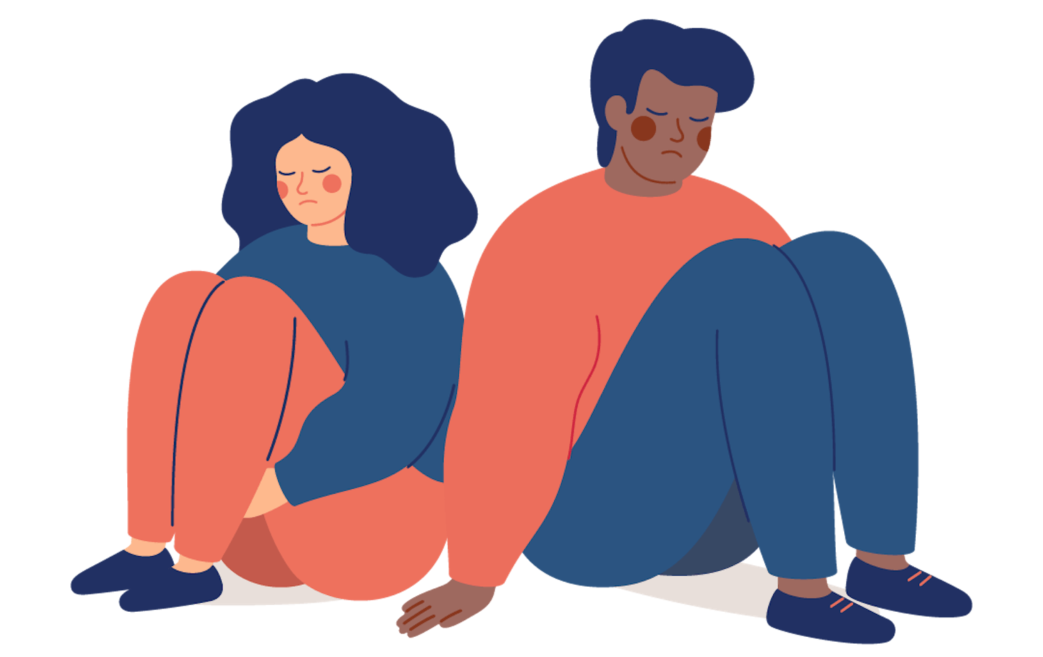 Tvær leiðar manneskjur sitja hlið við hlið. Two sad young people sitting next to each other.