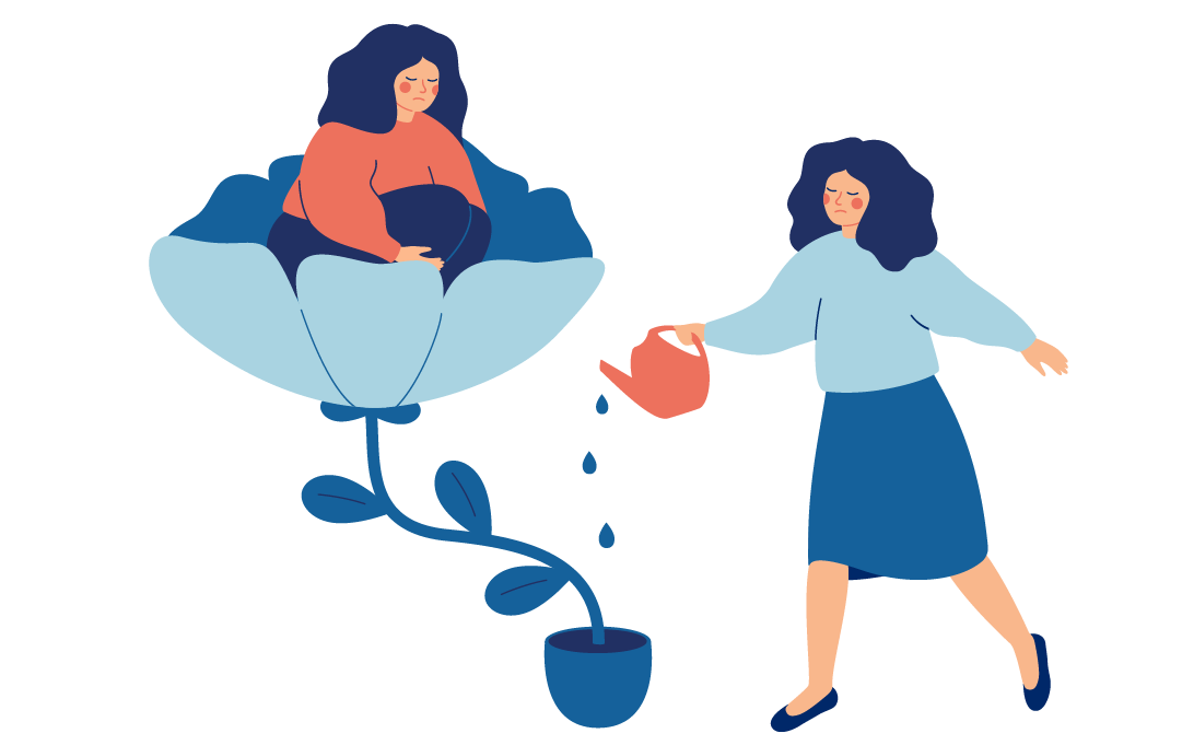 Smutna osoba siedzi w kwiecie, podczas gdy inna osoba go podlewa.