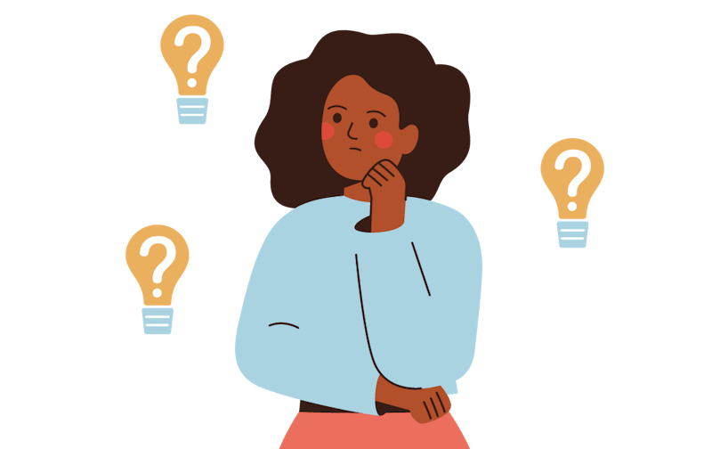 A person is thinking. Around her are question marks in light bulbs.