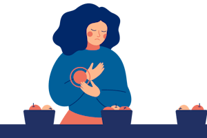 A woman looking at bowls of food.