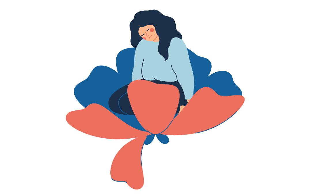 Leið manneskja situr í blómi sem er að visna. 