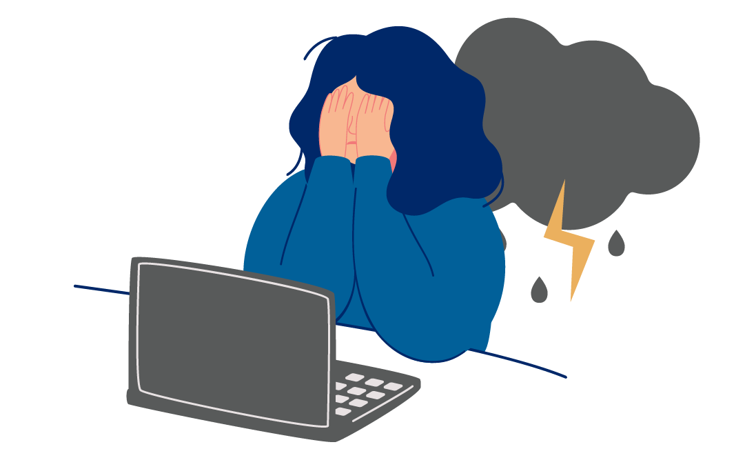 Manneskja situr fyrir framan fartölvu og er með hendur fyrir andliti. Bakvið hana er þrumuský.