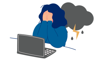 A person sits in front of a laptop with their hands over their face. Behind them is a thunderous cloud.