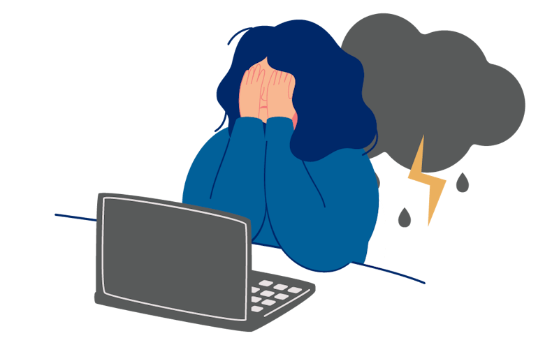Manneskja situr fyrir framan fartölvu og er með hendur fyrir andliti. Bakvið hana er þrumuský.