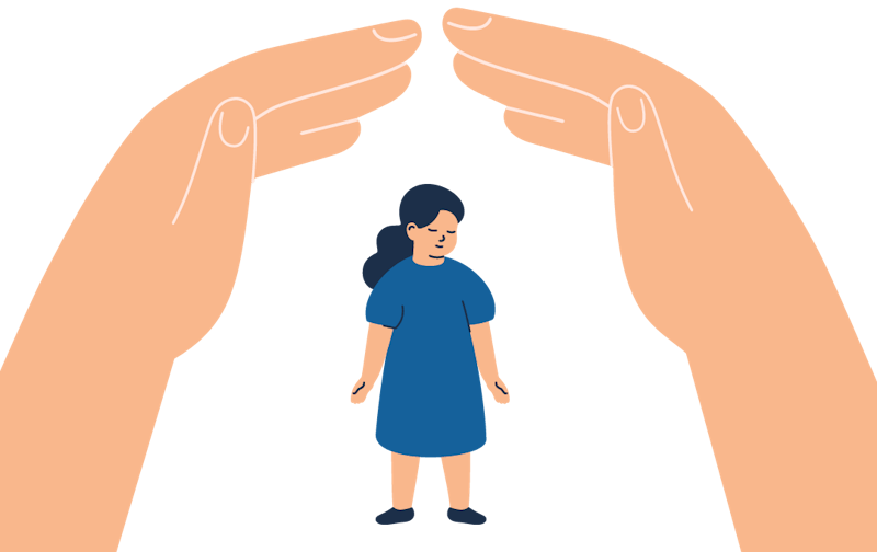 Two big hands protect a child.