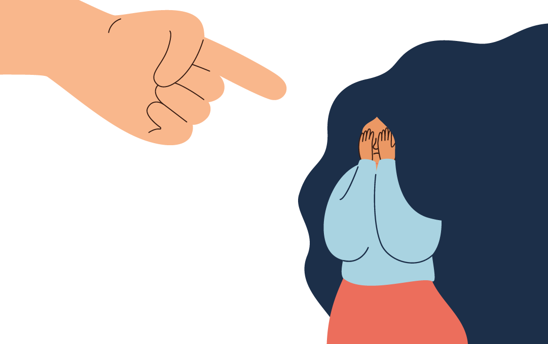 A woman holds her hands over her head while a giant hand points at her.