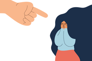 A woman holds her hands over her head while a giant hand points at her.