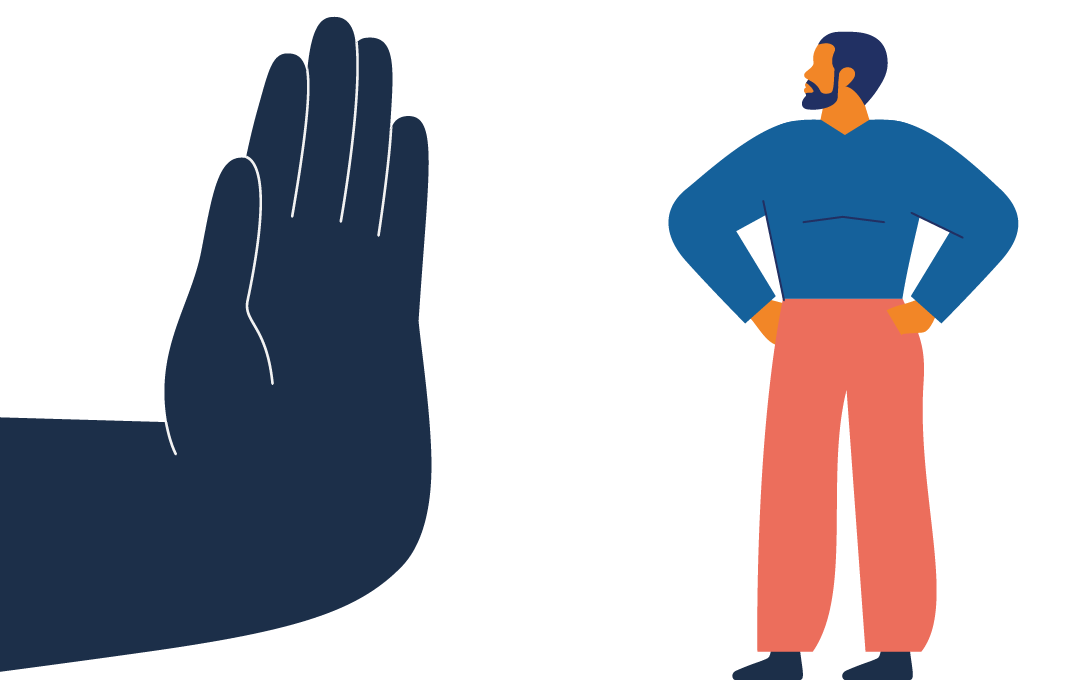 Stór hendi stoppar mann af.