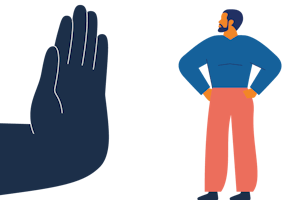 A big hand stops a man.