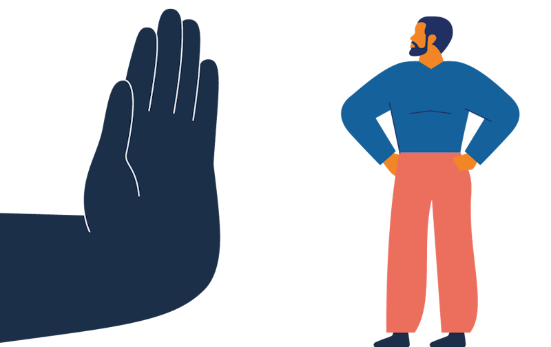 A big hand stops a man.