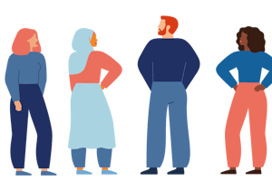Four people of different ethnicity, religion and gender.