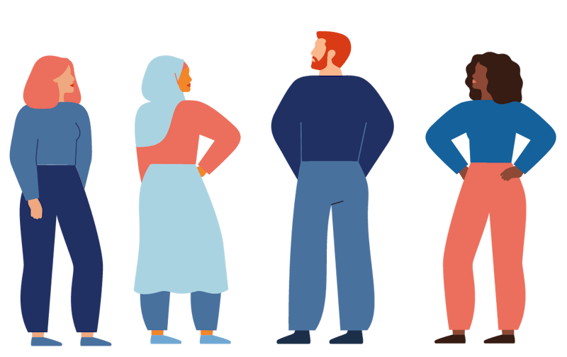 Four people of different ethnicity, religion and gender.