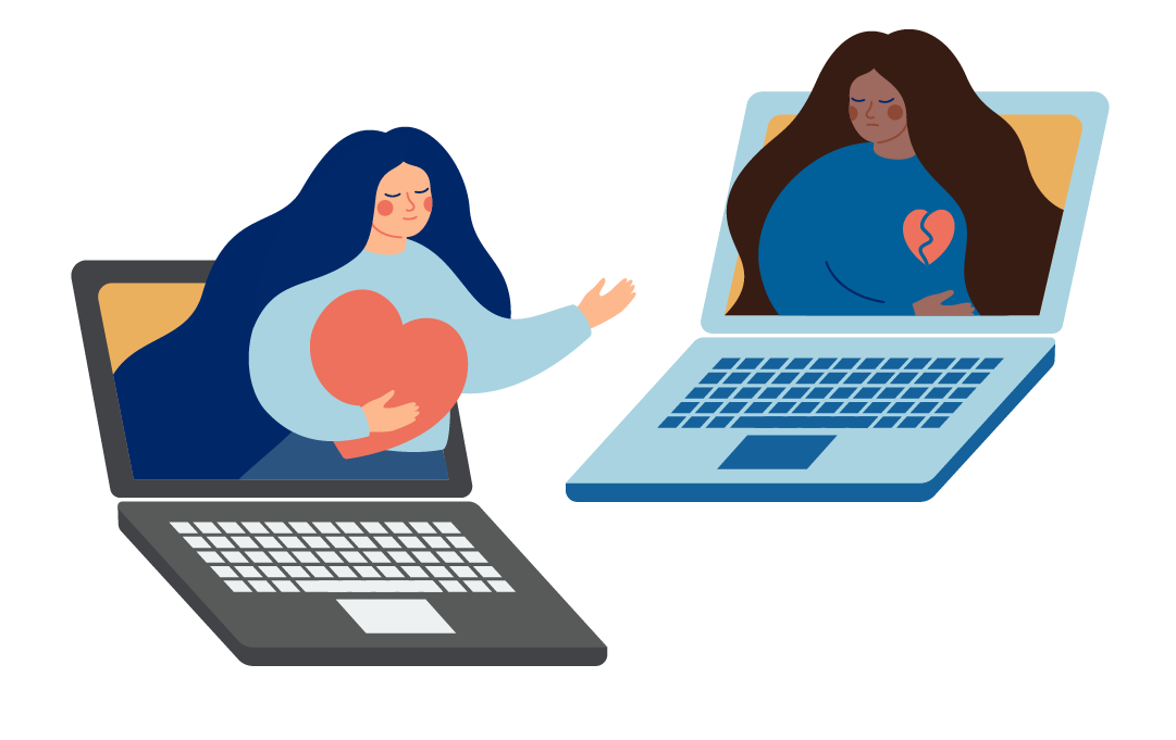 A woman offers an hearbroken woman her heart through laptops. 