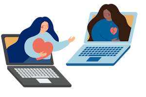 A woman offers an hearbroken woman her heart through laptops.