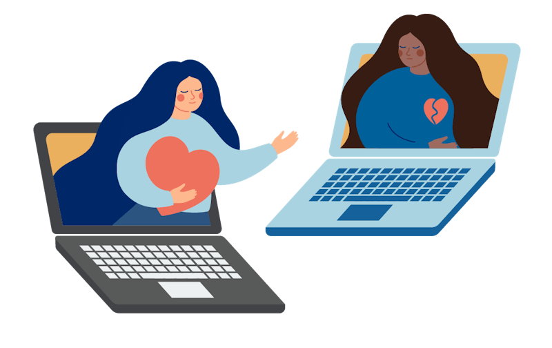 A woman offers an hearbroken woman her heart through laptops.