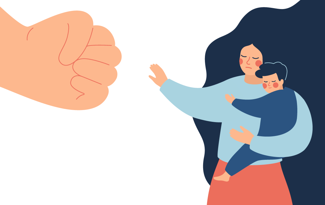 Kona heldur á barni og ver það frá stórum hnefa.