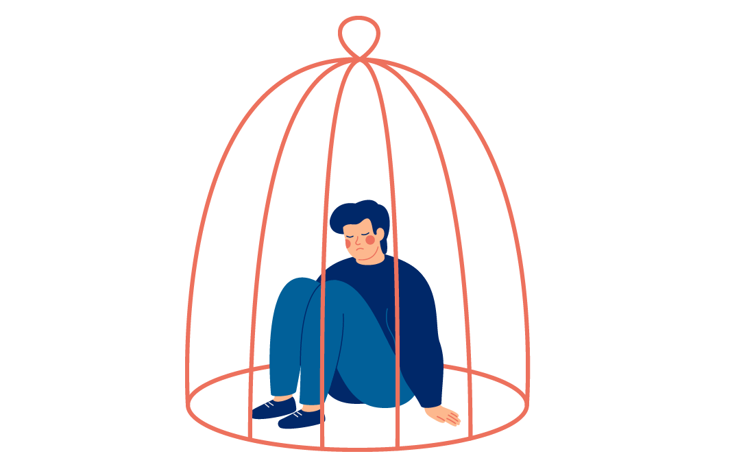 Maður situr fastur í búri.