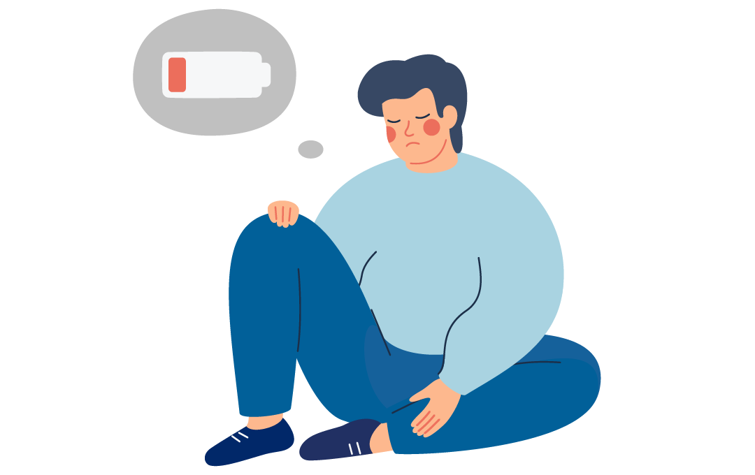 Maður situr uppgefinn á gólfinu. Hugsunarblaðra sýnir að rafhlaðan hans er tóm.