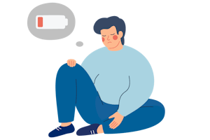 A man sits exhausted on the floor. A thought bubble shows an empty battery.