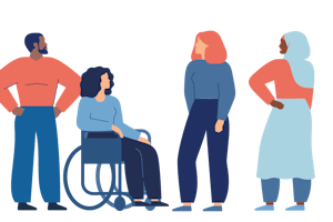 Four people from marginalized groups. A man with a dark skin tone, a woman in a wheelchair, a woman, and a woman with a hijab.