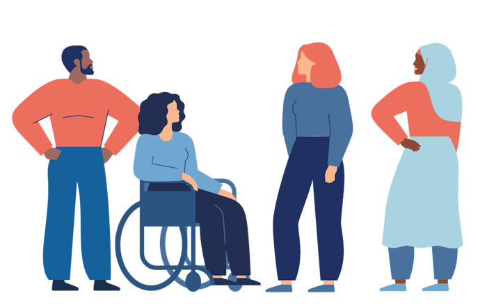 Four people from marginalized groups. A man with a dark skin tone, a woman in a wheelchair, a woman, and a woman with a hijab.
